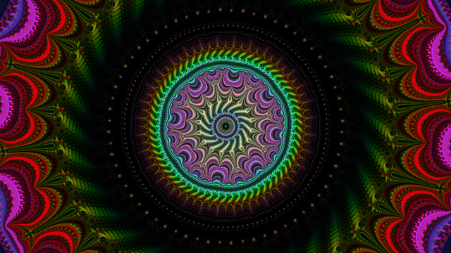 Colorful circular fractal art, found deep inside the Mandelbrot set.