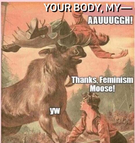#Alt4You: A man saying "your body, my —” is tossed into the air by a moose. A woman crouching on the ground says "Thanks, feminism moose". The moose replies, "You're welcome."