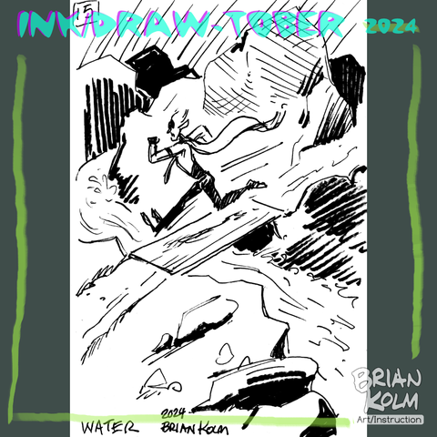 A winding, rushing river through rocky land, the superhero Porter Bite races forward.