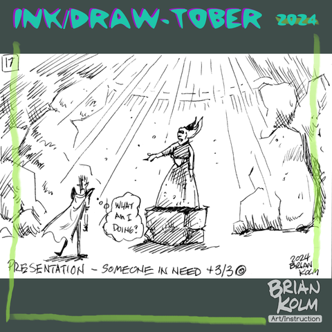 In this ink drawing, bring light shines from above as a statue kindly beckons with an open palm of an outstretched arm. Porter Bite asks: What am I doing?