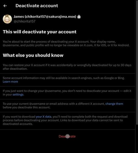 Account deactivation screen on X (formerly Twitter)