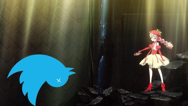 A magical girl faces off a dead Twitter logo with an X.
