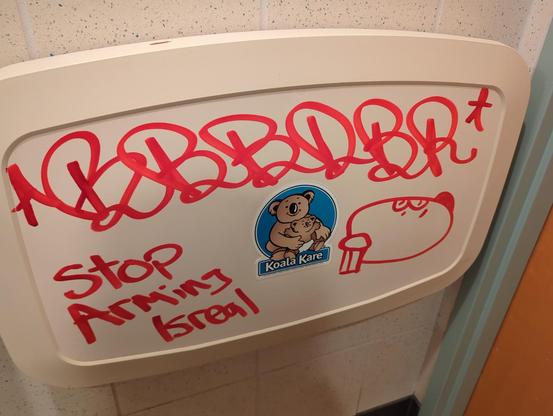 BB Bobr says, "Stop Arming Israel" in blood red ink