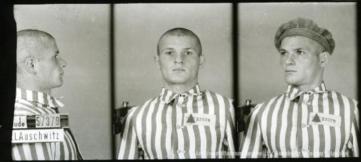 A mugshot registration photograph from Auschwitz. A man with a shaved head wearing a striped uniform photographed in three positions (profile and front with bare head and a photo with a slightly turned head with a hat on). The prisoner number is visible on a marking board on the left.