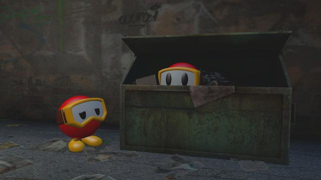 One Pooka goes dumpster diving while the other Pooka is mildly annoyed.