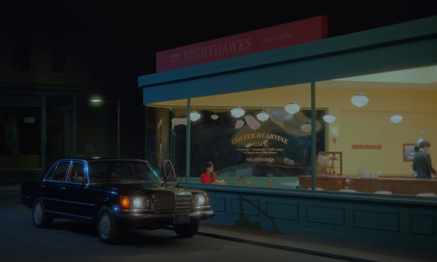 Screenshot from Heize's Happen MV. She's at the Nighthawks cafe.