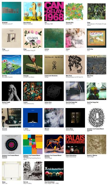 Collage des pochettes des albums de Broadcast (The Book Lovers EP), Anna Butterss (Mighty Vertebrate), Can (Can Delay 1968), Chocolat Billy (Délicat Déni), Clogs (The Creatures In The Garden Of Lady Walton), Clogs (Last Song EP), Clogs (The Sundown Song EP), Codeine (Dessau), Cranes (Fuse), Cul De Sac (Ecim), Der Plan (Normalette Surprise), Dianogah (As Seen From Above), Einstürzende Neubauten (Kollaps), Matt Elliott (Drinking Songs Live 20 Years On), Matt Elliott (Radius), Keeley Forsyth (The Hollow), Foudre! (Voltæ (Chthulucene)), Golden Gunn (Golden Gunn), Good Sad Happy Bad (All Kinds Of Days), Good Sad Happy Bad (Shades), Grauzone (Grauzone), T. Griffin (The Proposal), Malaria! (Emotion), Jessica Moss (Opened Ending), Orchestre Tout Puissant Marcel Duchamp (OTP), Orchestre Tout Puissant Marcel Duchamp (Rotorotor), Orchestre Tout Puissant Marcel Duchamp (The Thing That Everything Else Is About), Orchestre Tout Puissant Marcel Duchamp (Ventre Unique), Palais Schaumburg (Palais Schaumburg), Rachel's / Matmos (Full On Night), Smog (Wild Love), Vox Low (Keep On Falling), Xmal Deutschland (Early Singles (1981 - 1982))