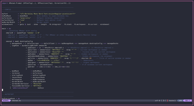 A screenshot of a fresh installed nixvim with the dracula theme and a xmonad confi file opened