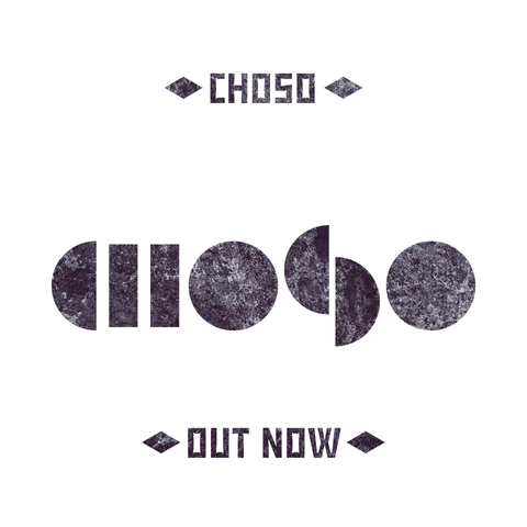 Heavily textured black letters and symbols on a plain white background displaying the message "Choso Out Now"