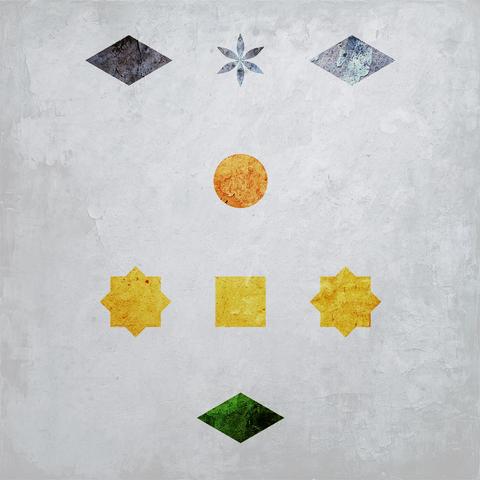 A textured image of a series of geometrical-looking yellow, dark green and grey blue symbols on a clear backgrount, the symbols look like three horizontal rhombuses, a circle, two stars, a square and a flower-like symbol; not necessarily in that order.