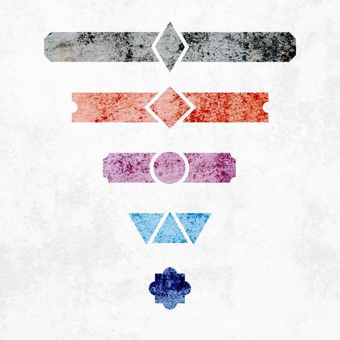 A series of textured and colored lines with geometrical symbols in the middle on a clear textured background, the symbols are a vertical rhombus shape, a rotated tile, a circle, a series of triangles and a single square shape with round lobes protuding from each one of its segments.