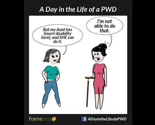 drawing of a woman with a cane, telling another woman she can’t do ___, while the other woman stands with her hands on her hips, questioning the validity of her statement