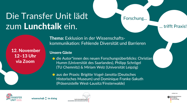 Die Transfer Unit lädt zum Lunchtalk ein. Thema: Exklusion in der Wissenschaftskommunikation: Fehlende Diversität und Barrieren. Unsere Gäste: die Autor*innen des neuen Forschungsüberblicks: Christian Humm (Universität des Saarlandes), Philipp Schrögel
(TU Chemnitz) & Miriam Welz (Universität Leipzig). aus der Praxis: Brigitte Vogel-Janotta (Deutsches Historisches Museum) und Dominique Franke-Sakuth (Präsenzstelle West-Lausitz/Finsterwalde)
12. November, 12–13 Uhr, via Zoom.