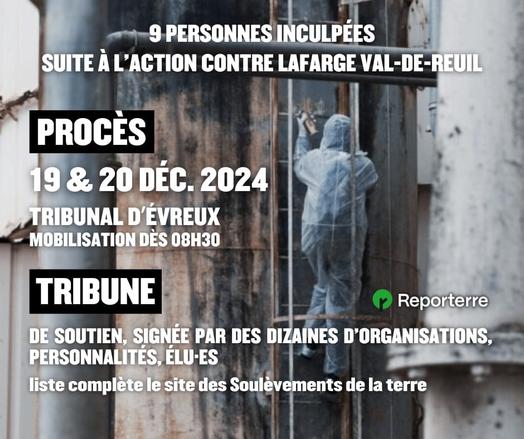 Flyer d'appel, illustré par une photo d’un⋅e activiste en combinaison blanche pendant l’action contre Lafarge