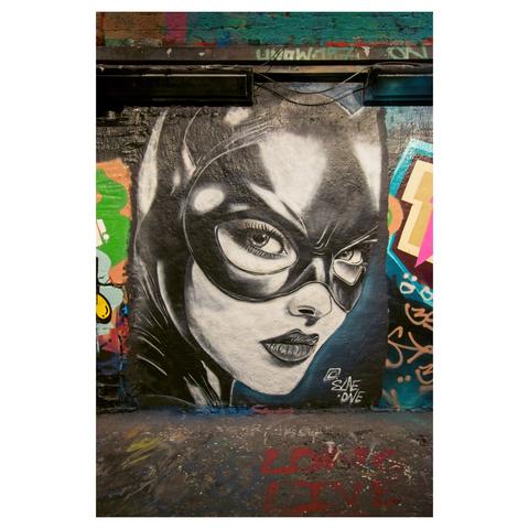 Photo of a street art style painting in colour of Cat Woman in the graffiti tunnel at Leake Street under waterloo Station