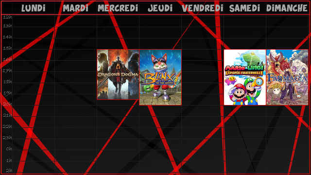 -Mercredi, de 15h jusqu'à 19h30, toujours sur Dragon's Dogma II, doucement mais sûrement, l'histoire avance !
-Jeudi, de 15h jusqu'à 20h, nouveau let's play, mais pas nouveau jeu ! Blinx the Time Sweeper sur la première Xbox ! On va découvrir ça ensemble !
-Samedi, de 15h jusqu'à 20h, la suite de Mario & Luigi L'épopée Fraternelle, toujours à fond dans l'histoire !
-Et Dimanche, de 15h jusqu'à 20h, on terminera avec Farmagia, normalement cette fois je tiens les 5 heures !