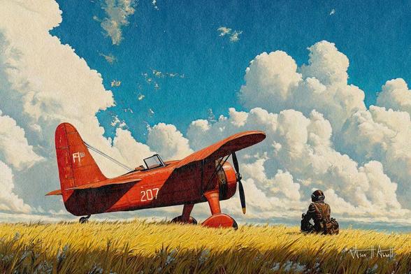 An illustration of a dieselpunk monoplane landed in a field of shaggy grass and wildflowers under a beautiful, partially clouded sky. Its pilot sits on the ground looking at their aircraft and to the horizon.