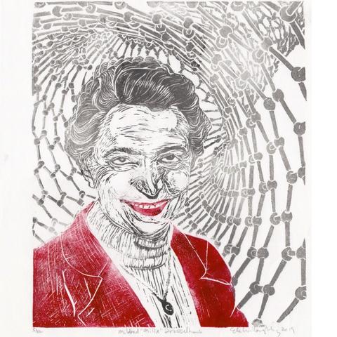 My linocut portrait of Millie Dresselhaus in white sweater, red blazer, and C for carbon necklace, with the structure of a carbon nanotube behind her, in red, silver and black ink.