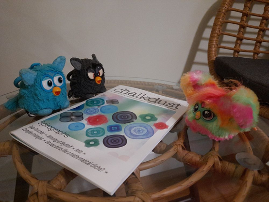 Smoky & Blucy introducing Chalkdust Magazine to their newly adopted daughter, Par-Tay the Furblet