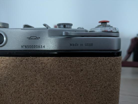 The back of the Zorki-6 with "Made in USSR" etched in the metal body under the film advance lever.