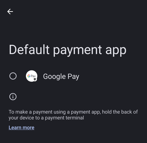 Screenshot of the "Default payment app" setting view on Android 15.