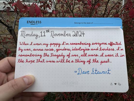 A pen quote of Dave Stewart, Canadian writer, musician & filmmaker that reads, “When I wear my poppy I'm remembering everyone affected by war, across races, genders, ideologies and borders. l'm remembering the tragedy of war, all wars Il wear it in the hope that wars will be a thing of the past.”

Written in Pelikan Edelstein Moonstone, Wearingeul Anne of Green Gables & Sailor Manyo Sumire.