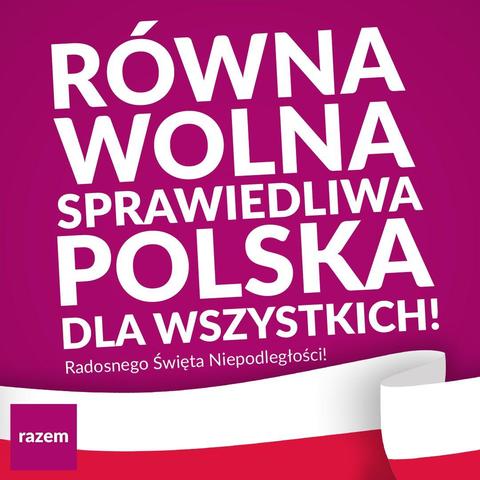 Grafika z białym napisem "Wolna sprawiedliwa Polska dla wszystkich! Radosnego Święta Niepodległości!" na karminowym tle oraz biało-czerwoną wstęgą.