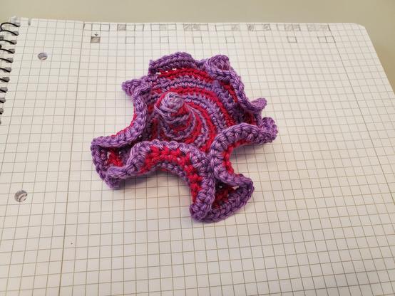 Crocheted Implementation with o=lilac and x=pink.
Starting state: oooooo-loop.