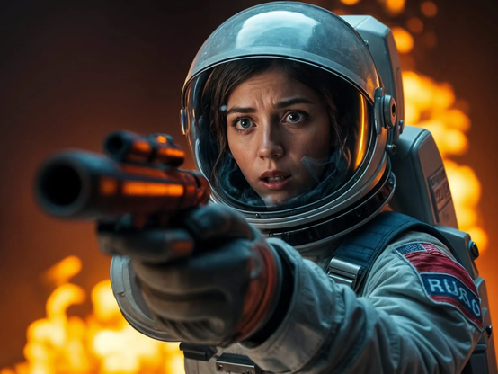 photorealistic image of stressed female astronaut aiming a blaster, fire on background