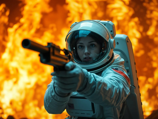 photorealistic image of stressed female astronaut aiming a riffle, fire on background