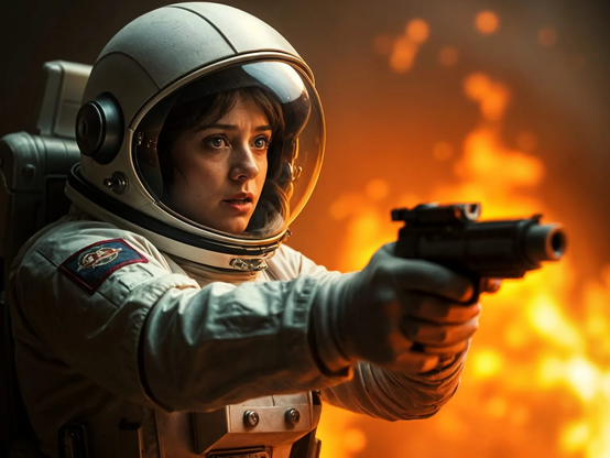 photorealistic image of stressed female astronaut aiming a blaster, fire on background