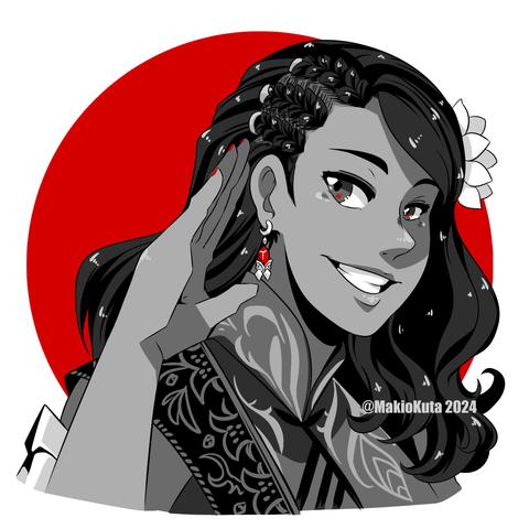A digital drawing of a hyur from final fantasy xiv in grey scale with a pop of red in the background, her eyes, nails, and on her earring. Aeryn has a cheerful eyes and a matching smile. She's saluting the viewer with one hand.