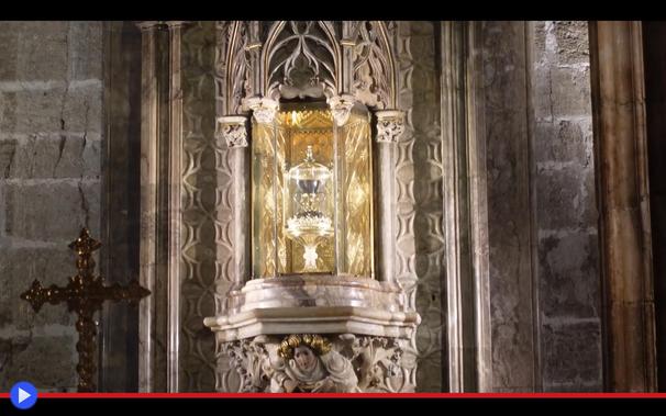 Preziosa reliquia cristiana composita, custodita all'interno di nicchia finemente ornata in una grande chiesa di epoca medievale. La componente principale dell'oggetto appare configurarsi come un calice per il vino, del tipo utilizzato nel corso dell'Ultima Cena.