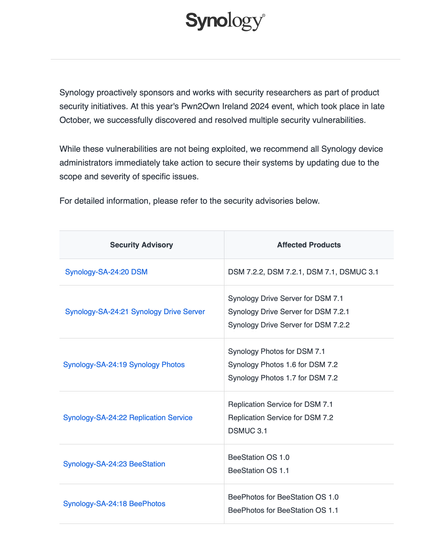A chart showing the latest Synology security advisories