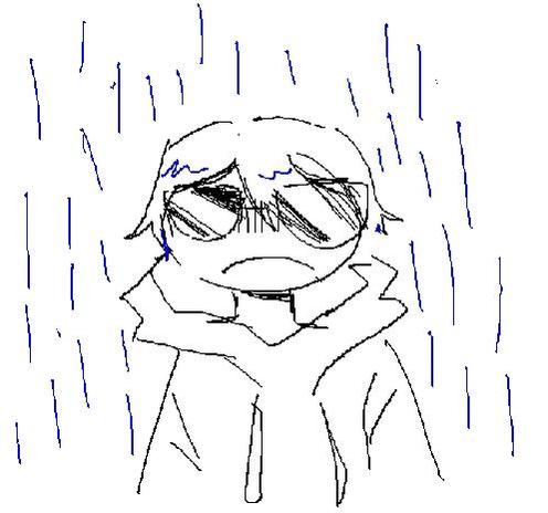 an artistic depiction of dave strider standing out in the rain wearing a hoodie and frowning. the hood is down and he is soaking wet.