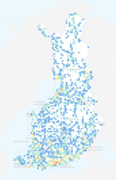 Kartta eBirdin suomalaisista lintuhavainnoista vuodelta 2023. Eniten havaintoja on asutuskeskuksista ja tunnetuilta lintu- ja matkailuohteilta, vähiten Lapista ja muilta harvaan asutuilta alueilta.