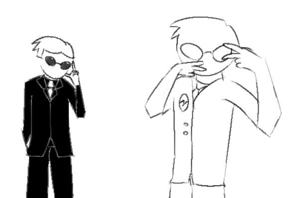 two drawings of dave strider, one filled and the other a sketch. the left one depicts him in a pose indicating thinking, the second he is doing double peace signs over his face