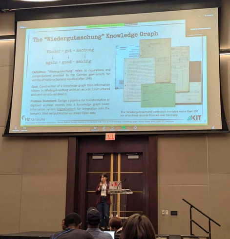 Mahsa Vafaie at the ISWC 2024 DOctoral Consortium presenting her work on the Wiedergutmachung Knowledge Graph.