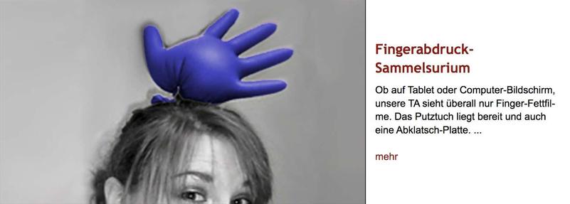 Angeschnittenes Schwarz-Weiß-Foto der oberen Hälfte eines Frauenkopfes mit auf den Betrachter gerichtetem Blick und einem aufgeblasenen dunkelvioletten Laborhandschuh – ähnlich einem Hahnenkamm – auf dem Kopf. Rechts daneben Überschrift "Fingerabdruck-Sammelsurium" des im Post verlinkten Artikels, gefolgt von dessen Vorspann.