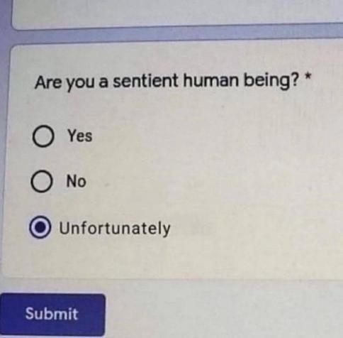 Photo of a monitor that reads:

Are you a sentient human being? *
□ Yes
□ No
▣ Unfortunately
［ Submit ］