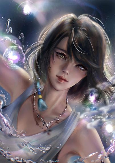 dynamic painterly illustration of Yuna Final Fantasy x , FFX final fantasy 10 fanart portrait in her summoning scene #snowfredelart