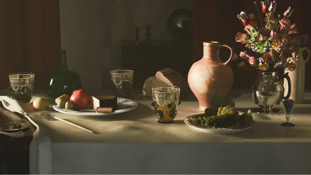 Laid out table basking in a golden light, in the style of a 17th century European northern school painter. Some classical still life elements are present, from left to right: the pipes and tobacco, the fruits and cheese on a plate, the bread, the insect (there's a tiny blue Argus butterfly on the grapes) and the alcohol bottles and glasses. The scene is closed on the right by a bouquet of flowers. In the shadows of the back of the room, on a dresser, are two candlesticks, one with a burned candle and one with a new, alongside a convex mirror. Almost front and centre on the table is one of the three ornate beakers of the image, which have inspired this context scene creation.
