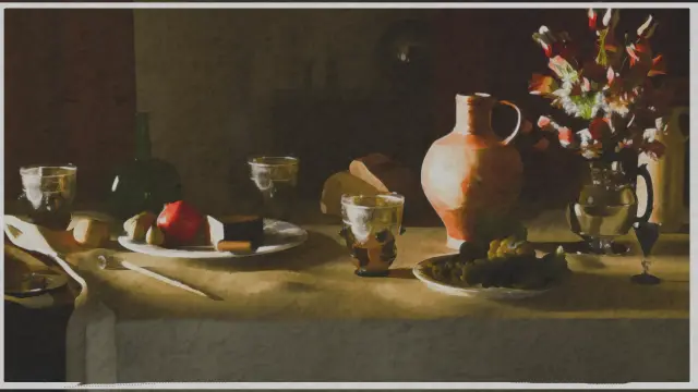 Same scene rendered with a watercolour effect.