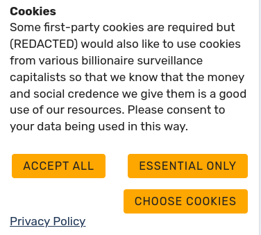 Screenshot of cookie banner.

Text reads: Some first-party cookies are required but (REDACTED) would also like to use cookies from various billionaire surveillance capitalists so that we know that the money and social credence we give them is a good use of our resources. Please consent to your data being used in this way.

Buttons: Accept All, Essential Only, Choose Cookies
Link: Privacy Policy.