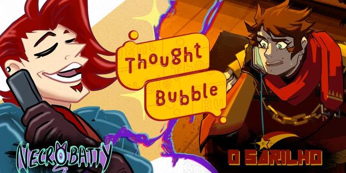 Two comic characters from webcomic honestly not a robot and o sarilho talk on a phone with the logo for thought bubble convention present