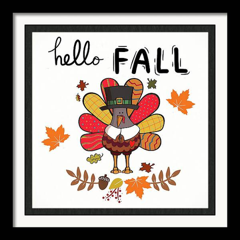 An art print displayed in a frame, of a illustration turkey surrounded by autumn leaves with the words "Hello Fall" above it. Art by Lisa S Baker.