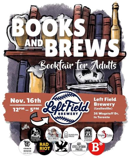 Books and Brews poster for Nov 16 event at Left Field Brewery in Leslieville.