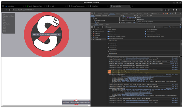 Screenshot of a Chromium window with a NoScript placeholder for blocked WebGL and devtools debugging tools showing part of the upcoming NoScript 12 Manifest V3 code at work.