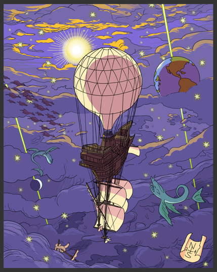 Single panel wordless comic page, showing a ship, with a large balloon on top and masts and sails on the underside, sailing through space filled with clouds and stars. The sun, the Earth, and the Moon are visible at various distances. Some strange animals fly around. A bit of wreckage sinks into the clouds below.