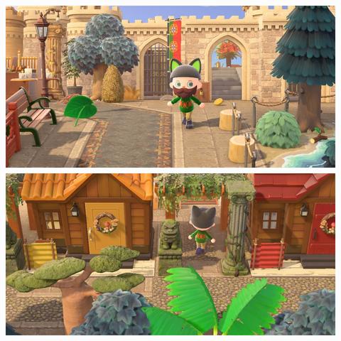 Collage of two Animal Crossing: New Horizons screenshots stacked vertically. Both screenshots have a human villager who is bald, Pirate bearded, and wearing an overall outfit including black cat ears and a green sweater as though they are cosplaying as Kiki. The upper image has the human villager running south with some grey, sandstone castle behind them. There is a bench and some trees around them as they walk on custom designed sidewalk / roadways. The lower image shows this same villager from behind running north on a custom designed stone walkway under a a beautiful pagoda between two brown, wood paneled homes. There are trees in the foreground.